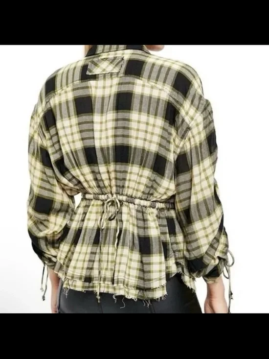 We The Free Yellow and Black Plaid Pacific Drawn Top Medium - Picture 2 of 9